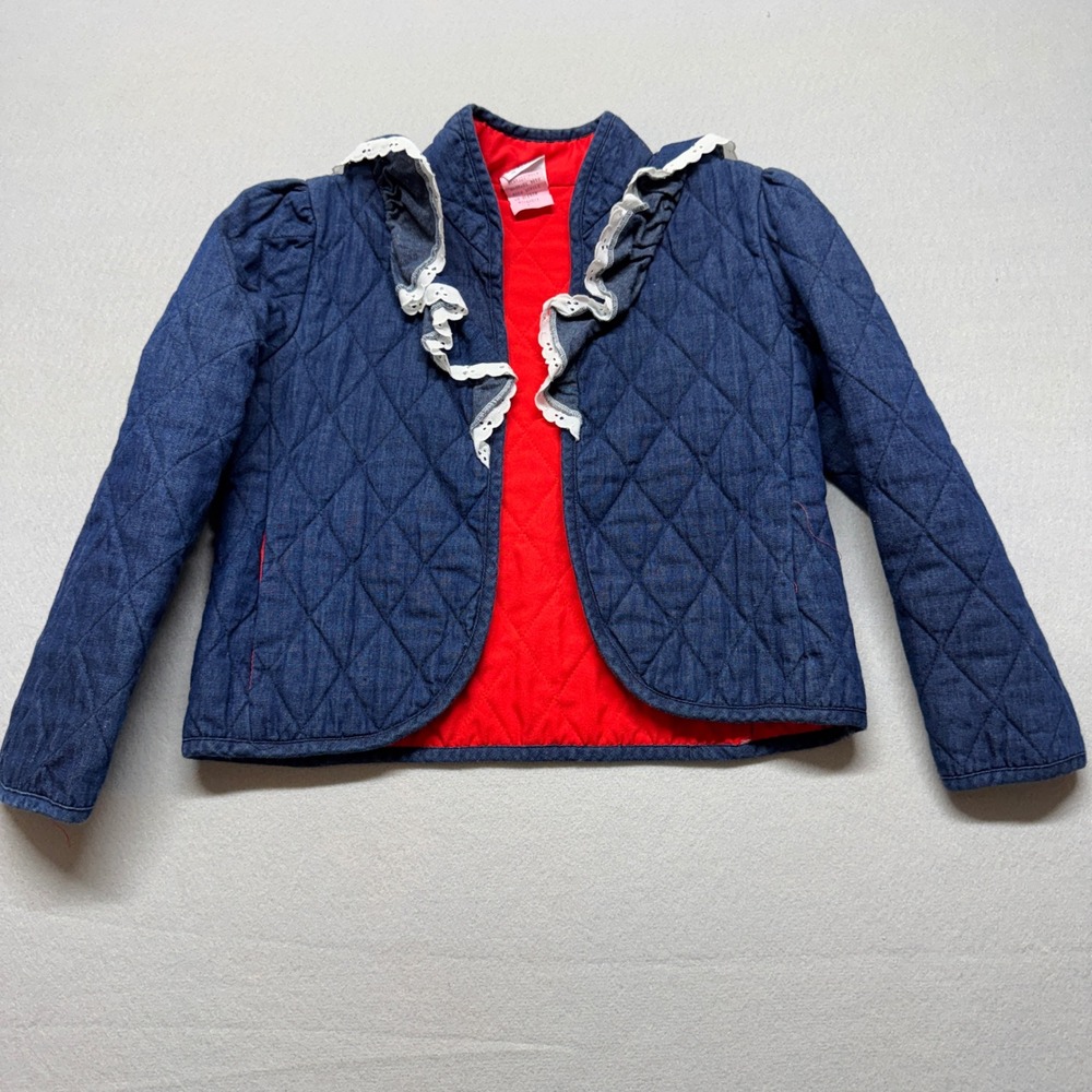 Vintage Pretti Lee Girls Quilted Denim Jacket Blue Red Lace Trim Size 7